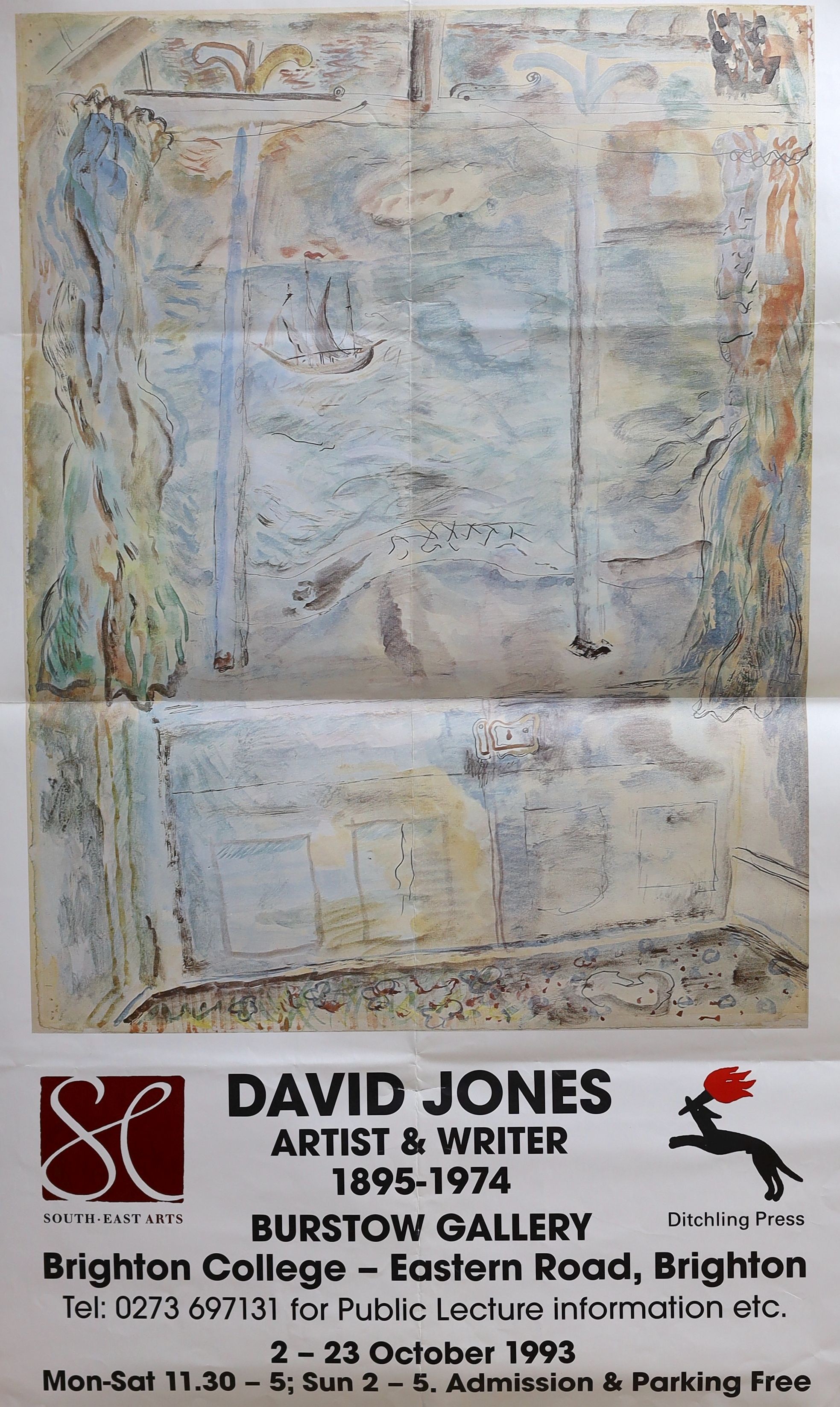 David Jones (1895-1974), wood engraving, 'DJ & HP Mounted on Pegasus', 28/60, 13 x 10cm, unframed, with a 1993 David Jones Exhibition poster